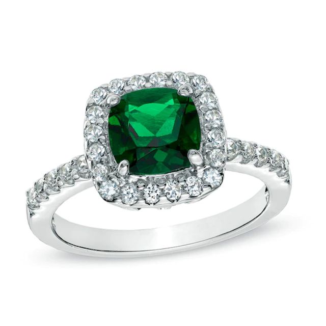 Previously Owned - 7.0mm Cushion-Cut Green Quartz and Lab-Created White Sapphire Ring in Sterling Silver