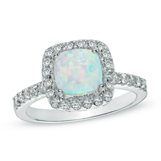 Previously Owned - 7.0mm Cushion-Cut Lab-Created Opal and White Sapphire Frame Ring in Sterling Silver