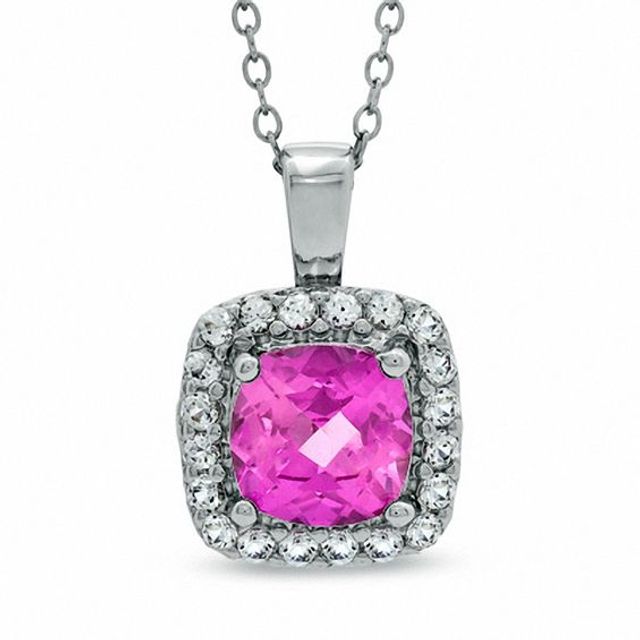 Previously Owned - 7.0mm Cushion-Cut Lab-Created Pink and White Sapphire Frame Pendant in Sterling Silver