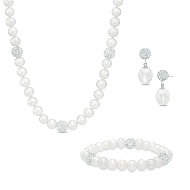 Previously Owned - 6.0 - 8.0mm Cultured Freshwater Pearl and Crystal Strand Necklace, Bracelet and Drop Earrings Set in Sterling Silver