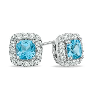 Previously Owned - 5.0mm Cushion-Cut Swiss Blue Topaz and Lab-Created White Sapphire Stud Earrings in Sterling Silver