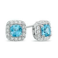 Previously Owned - 5.0mm Cushion-Cut Swiss Blue Topaz and Lab-Created White Sapphire Stud Earrings in Sterling Silver