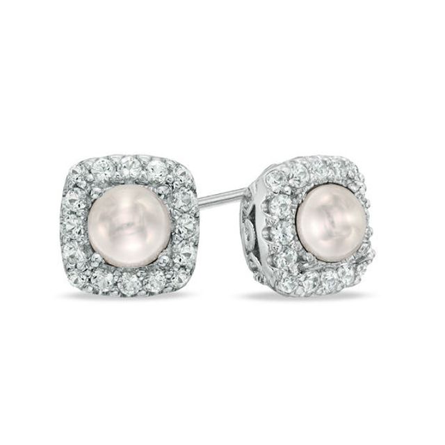 Previously Owned-4.5-5.0mm Freshwater Cultured Pearl and Lab-Created White Sapphire Frame Stud Earrings in Sterling Silver