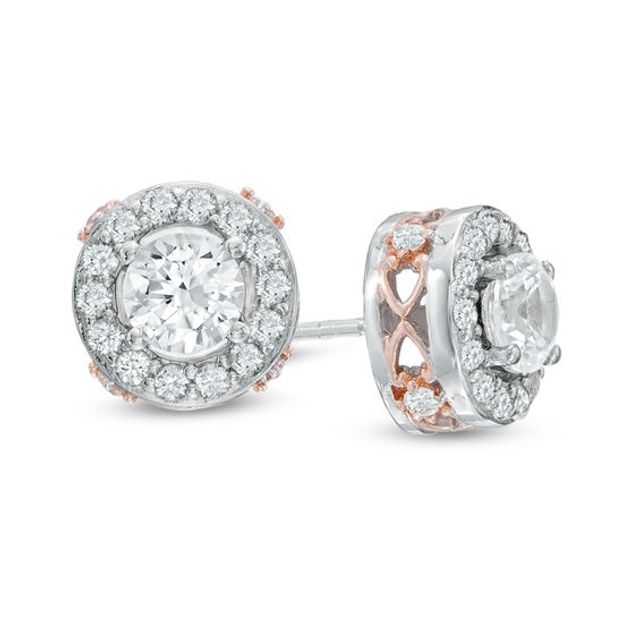 Previously Owned - 5.0mm Lab-Created White Sapphire Frame Stud Earrings in Sterling Silver with 18K Rose Gold Plate