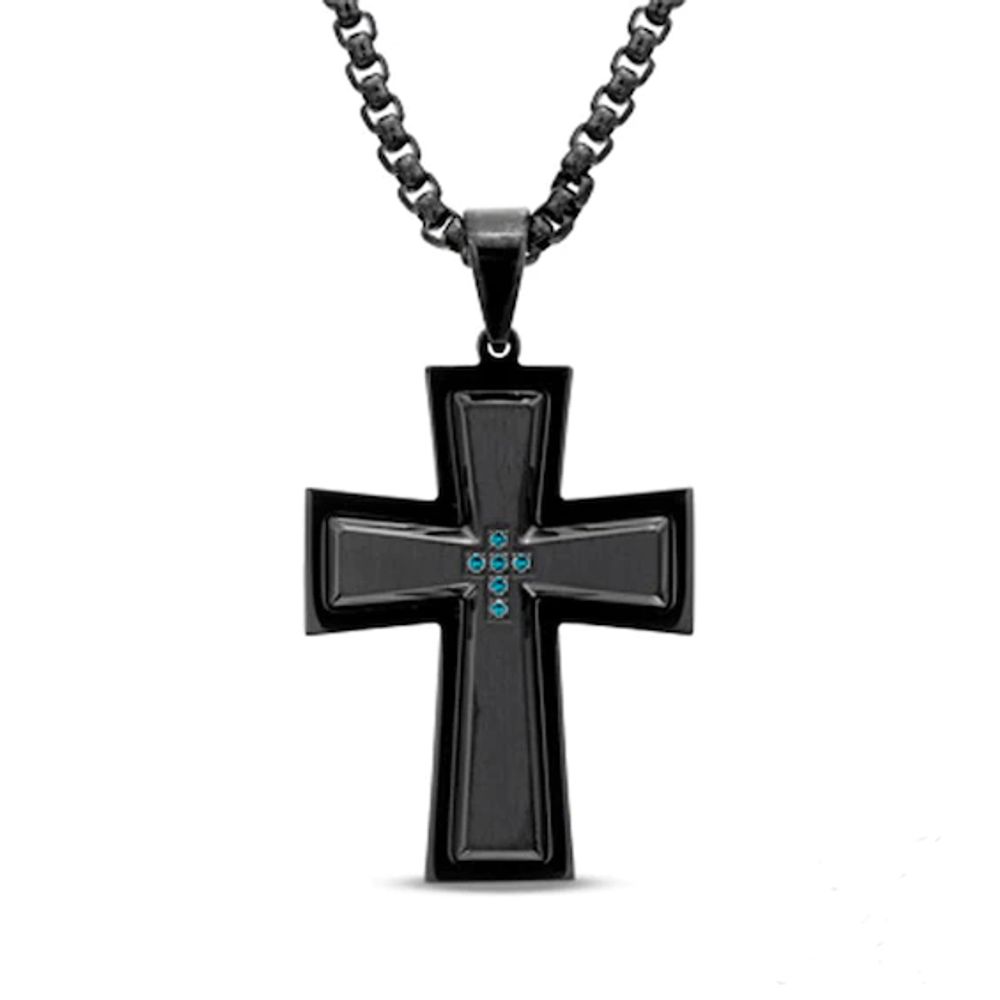 Previously Owned - Men's Enhanced Blue Diamond Accent Cross Pendant in Black Stainless Steel - 24"