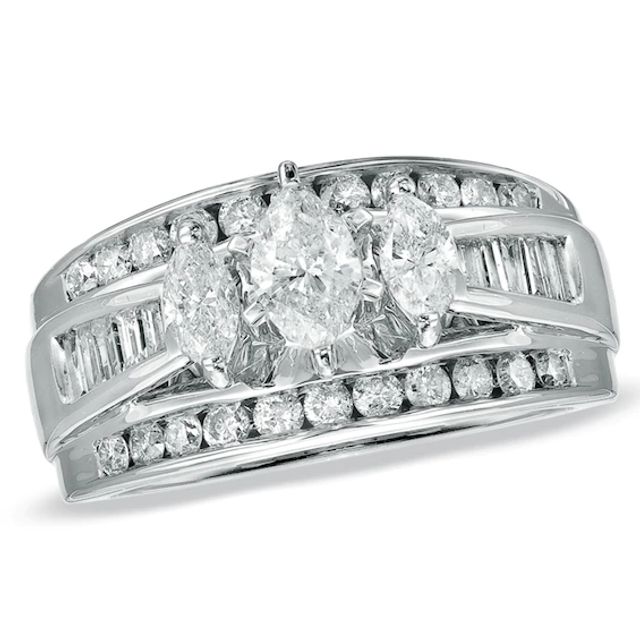Previously Owned - 1-1/2 CT. T.w. Marquise Diamond Cathedral Bridge Ring in 14K White Gold