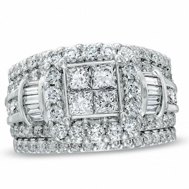 Previously Owned 3 CT. T.w. Quad Princess-Cut Diamond Frame Soldered Bridal Set in 14K White Gold