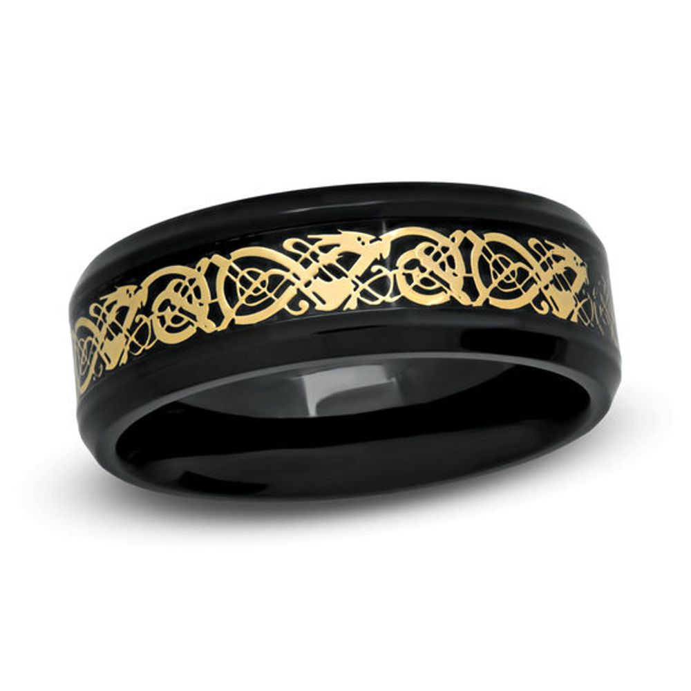 Previously Owned - 8.0mm Two-Tone Stainless Steel Filigree Inlay Comfort Fit Wedding Band