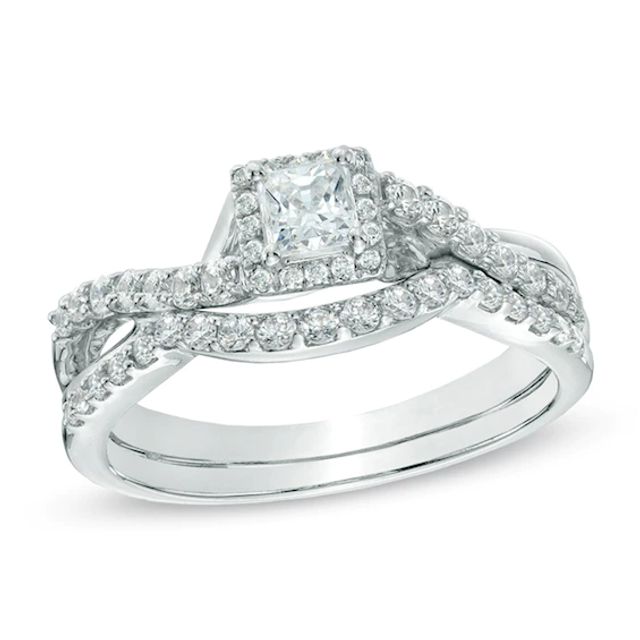 Previously Owned - 3/4 CT. T.w. Princess-Cut Diamond Frame Twist Shank Bridal Set in 10K White Gold