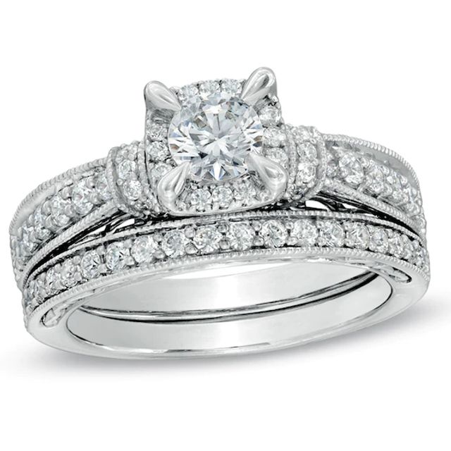 Previously Owned 1-1/5 CT. T.w. Diamond Vintage-Style Soldered Bridal Set in 14K White Gold