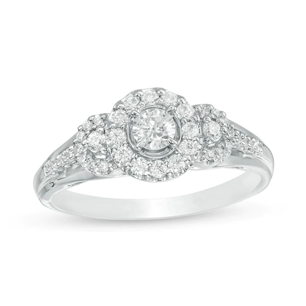 Previously Owned - 1/2 CT. T.w. Diamond Three Stone Frame Ring in 14K White Gold