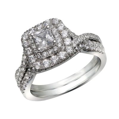 Previously Owned - 1-1/4 CT. T.w. Princess-Cut Diamond Double Frame Bridal Set in 14K White Gold
