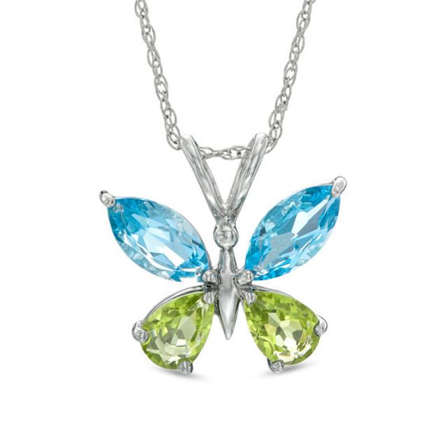Previously Owned - Marquise-Cut Swiss Blue Topaz and Pear-Shaped Peridot Butterfly Pendant in Sterling Silver
