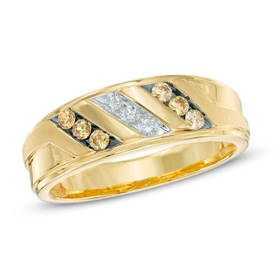 Previously Owned - Men's 1/3 CT. T.w. Champagne and White Diamond Slant Ring in 10K Gold