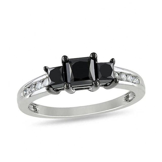 Previously Owned - 1-1/2 CT. T.w. Princess-Cut Enhanced Black and White Diamond Three Stone Ring in 10K White Gold