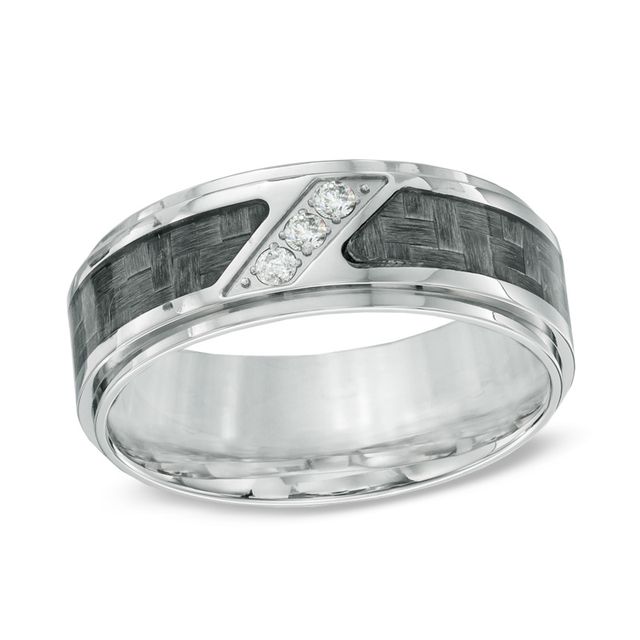 Previously Owned - Men's 1/10 CT. T.w. Diamond Three Stone Grey Carbon Fiber Comfort Fit Stainless Steel Wedding Band