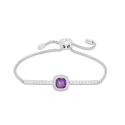 Previously Owned - 7.0mm Cushion-Cut Amethyst and Lab-Created White Sapphire Bolo Bracelet in Sterling Silver - 9.0"