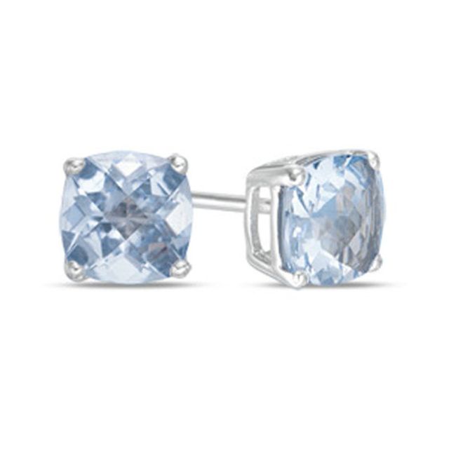 Previously Owned - 6.0mm Cushion-Cut Lab-Created Checkerboard Blue Spinel Solitaire Stud Earrings in 10K White Gold