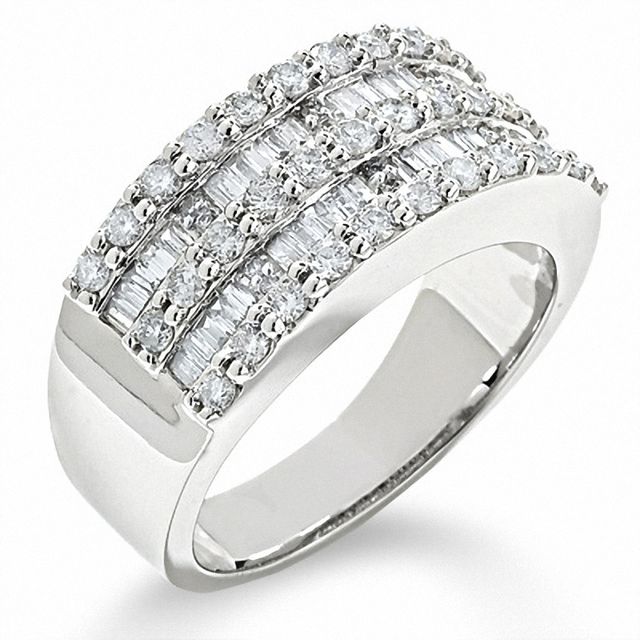 Previously Owned - 1 CT. T.w. Round and Baguette Diamond Band in 14K White Gold