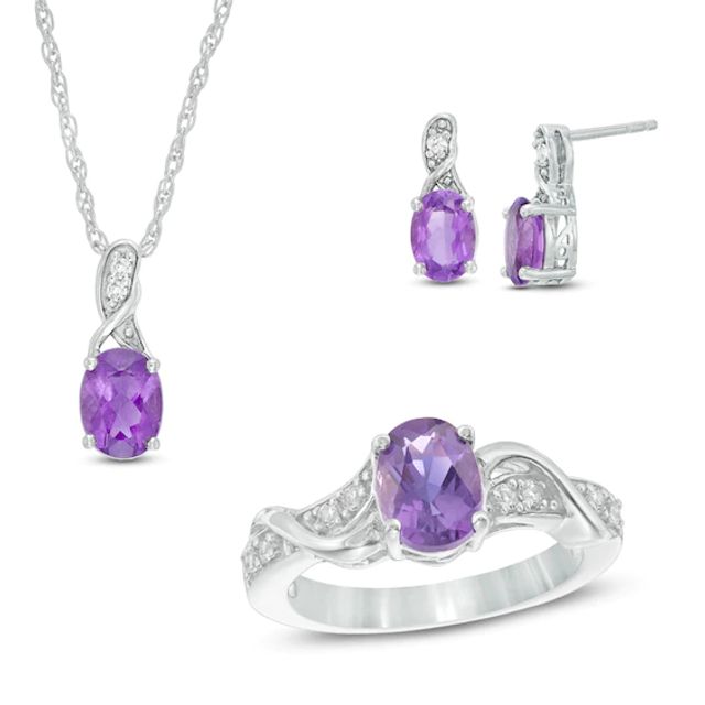 Previously Owned - Oval Amethyst and Lab-Created White Sapphire Pendant, Earrings and Ring Set in Sterling Silver