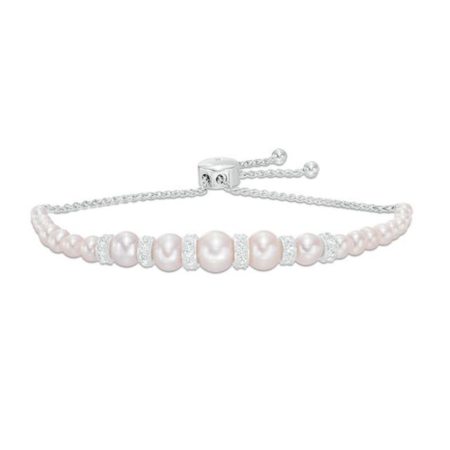 Previously Owned-Freshwater Cultured Pearl and Lab-Created White Sapphire Bolo Bracelet in Sterling Silver-9.0"