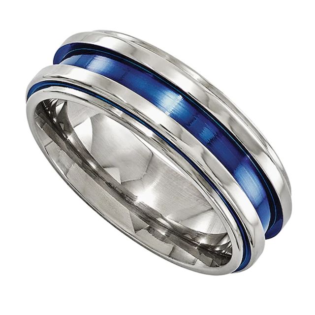 Previously Owned - Edward Mirell 7.5mm Blue Grooved Wedding Band in Titanium