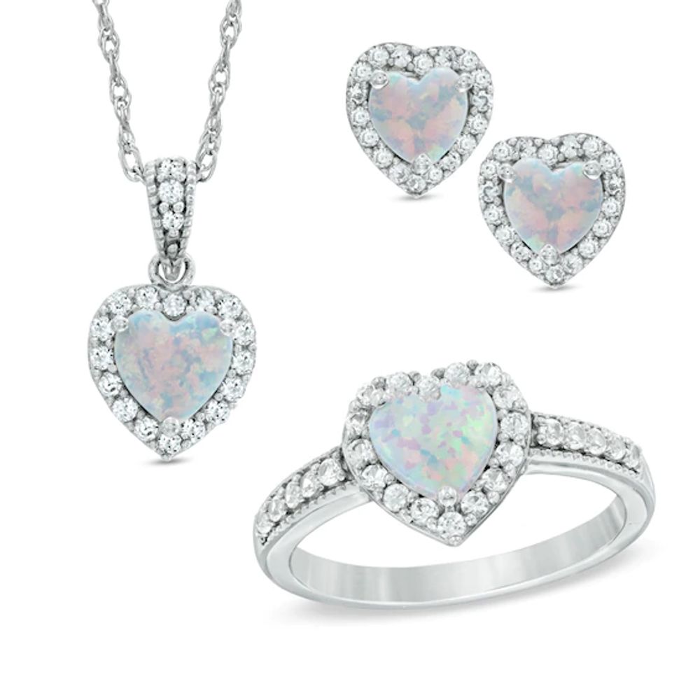 Previously Owned - Heart-Shaped Lab-Created Opal and White Sapphire Pendant, Ring and Earrings Set in Sterling Silver