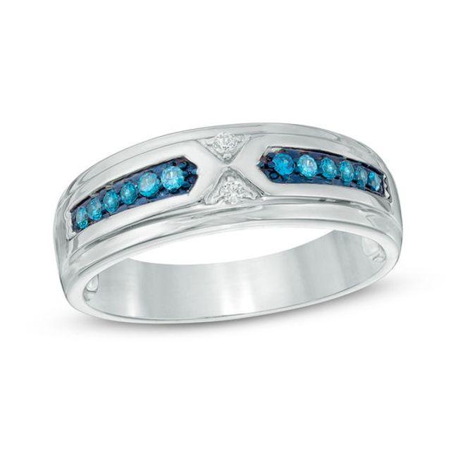 Previously Owned - Men's 1/6 CT. T.w. Enhanced Blue and White Diamond Wedding Band in Sterling Silver