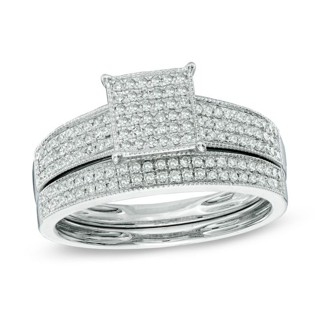 Previously Owned - 1/3 CT. T.w. Diamond Square Composite Vintage-Style Bridal Set in 10K White Gold