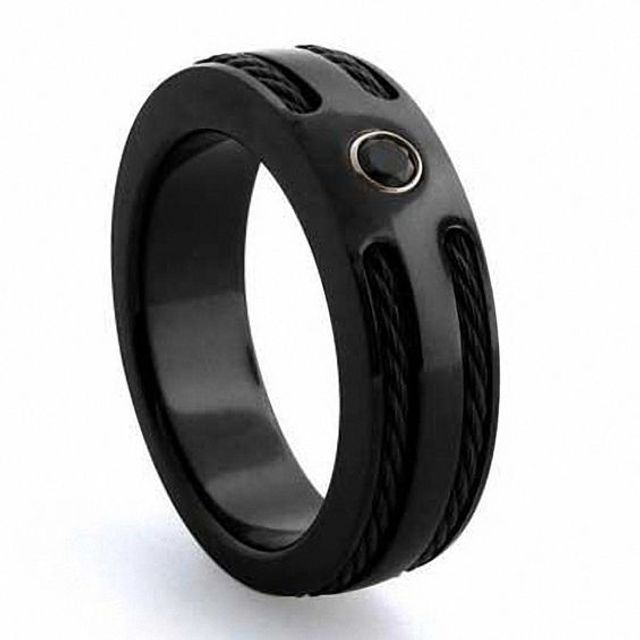 Previously Owned - Midnight Cable by Edward Mirell Black Spinel Wedding Band in Black Titanium and Sterling Silver