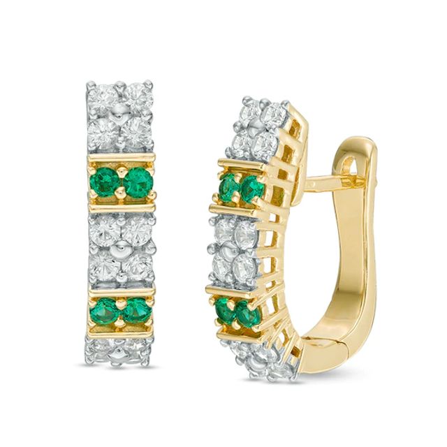 Previously Owned - Princess-Cut Lab-Created Emerald and White Sapphire Earrings in Sterling Silver with 14K Gold Plate