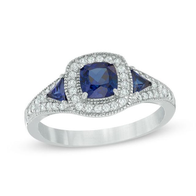 Previously Owned - 5.0mm Cushion-Cut Lab-Created Blue and White Sapphire Frame Ring in Sterling Silver