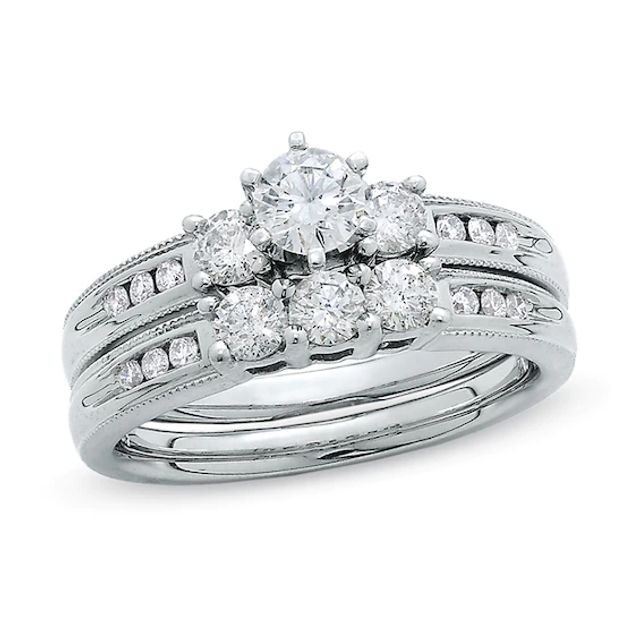 Previously Owned - 1 CT. T.w. Diamond Three Stone Milgrain Bridal Set in 14K White Gold