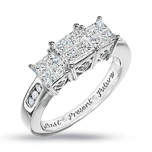 Previously Owned - 1 CT. T.w. Princess-Cut Quad Diamond Past Present FutureÂ® Ring in 14K White Gold