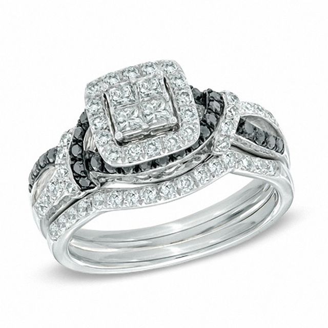 Previously Owned - 1 CT. T.w. Quad Princess-Cut Enhanced Black and White Diamond Bridal Set in 14K White Gold