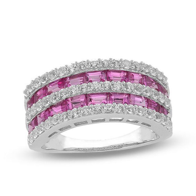 Previously Owned - Baguette Lab-Created Pink and White Sapphire Double Row Ring in Sterling Silver