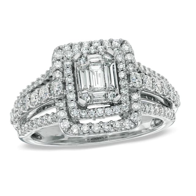 Previously Owned - 1 CT. T.w. Multi-Baguette Diamond Double Frame Engagement Ring in 14K White Gold