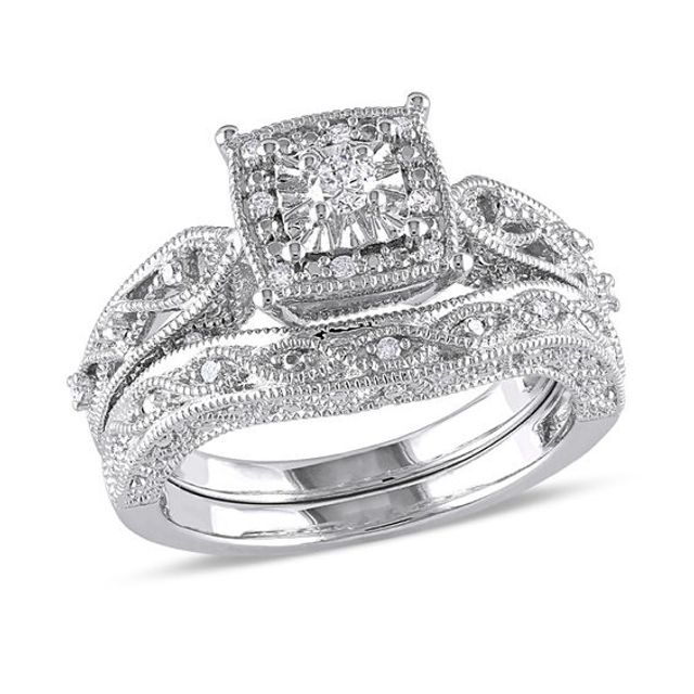 Previously Owned - 1/5 CT. T.w. Diamond Cascading Bridal Set in Sterling Silver