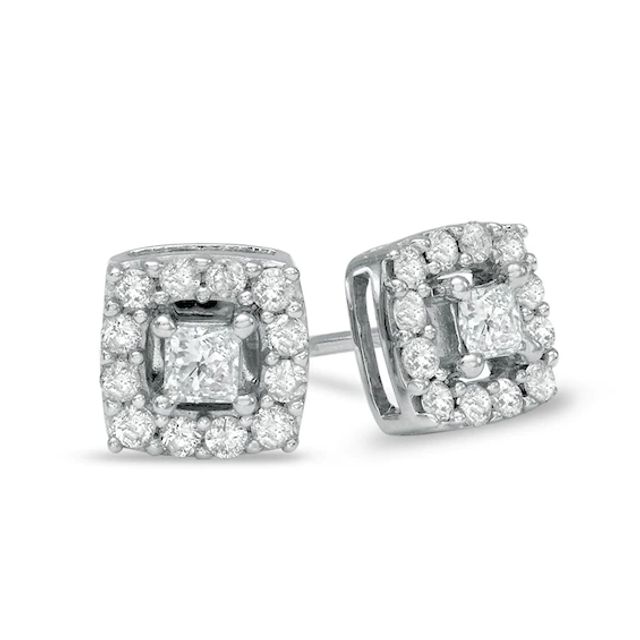 Previously Owned - 1 CT. T.w. Princess-Cut Diamond Frame Stud Earrings in 10K White Gold