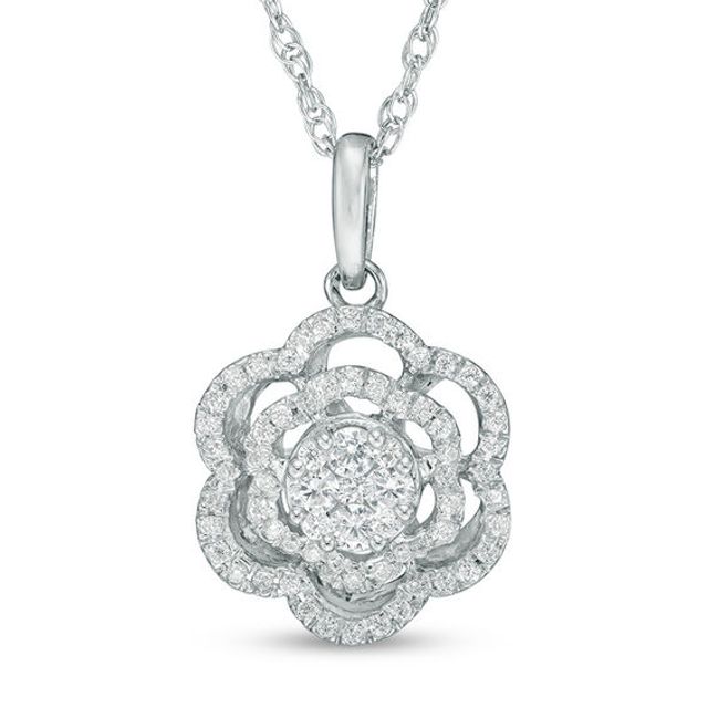 Previously Owned - 1/3 CT. T.w. Diamond Flower Double Frame Pendant in 10K White Gold