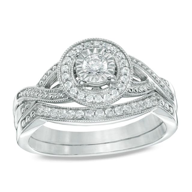 Previously Owned - 1/4 CT. T.w. Diamond Frame Vintage-Style Bridal Set in 10K White Gold