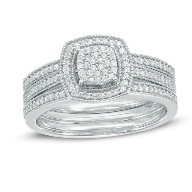 Previously Owned - 1/3 CT. T.w. Composite Diamond Square Frame Three Piece Bridal Set in 10K White Gold