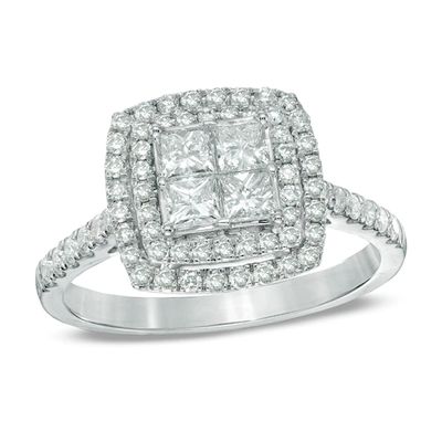 Previously Owned - 1 CT. T.w. Princess-Cut Quad Diamond Double Frame Engagement Ring in 14K White Gold