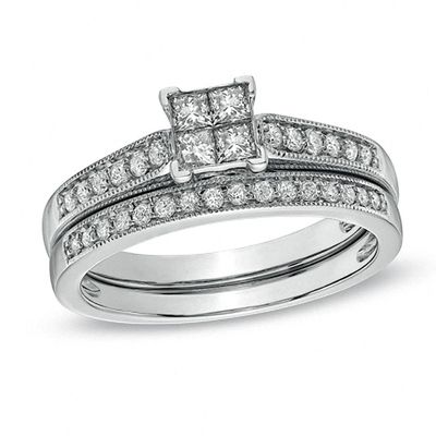 Previously Owned - 1/2 CT. T.w. Quad Princess-Cut Diamond Vintage-Style Bridal Set in 10K White Gold