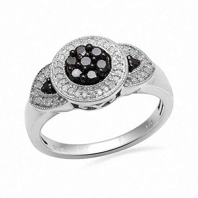 Previously Owned - 1/3 CT. T.w. Enhanced Black and White Diamond Vintage-Style Cluster Ring in Sterling Silver