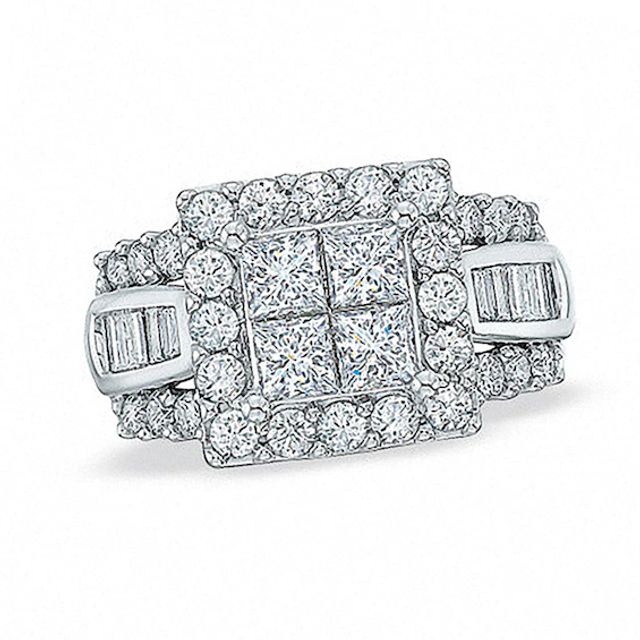 Previously Owned - 2.0 CT. T.w. Quad Princess-Cut and Baguette Diamond Engagement Ring in 14K White Gold