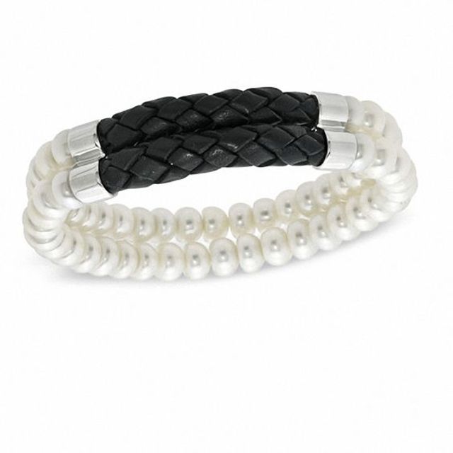 Previously Owned - Honora 7.0 - 7.5mm Cultured Freshwater Pearl and Black Braided Leather Double Strand Bracelet - 7.5"