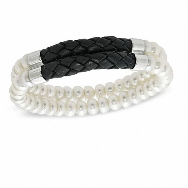 Previously Owned-Honora 7.0-7.5mm Freshwater Cultured Pearl and Black Braided Leather Double Strand Bracelet-7.5"