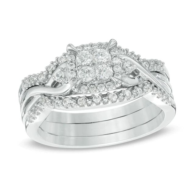 Previously Owned - 3/8 CT. T.w. Diamond Cluster Frame Three Piece Bridal Set in 10K White Gold