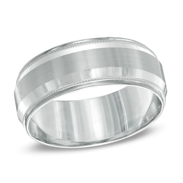 Previously Owned - Men's 8.0mm Bevelled Milgrain Comfort Fit Wedding Band in 14K White Gold - Size 10